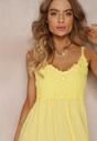 Żółta Rozkloszowana Sukienka Maxi na Cienkich Ramiączkach z Ażurową Górą Batri