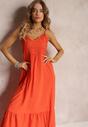 Pomarańczowa Rozkloszowana Sukienka Maxi na Cienkich Ramiączkach z Ażurową Górą Batri