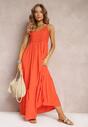 Pomarańczowa Rozkloszowana Sukienka Maxi na Cienkich Ramiączkach z Ażurową Górą Batri