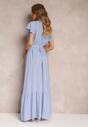 Niebieska Rozkloszowana Sukienka Maxi z Gumką w Talii i Falbankami Tracia