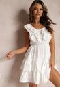 Biała Sukienka z Gumkami w Talii  i Falbanami Yanel