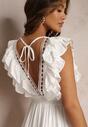Biała Sukienka z Gumkami w Talii  i Falbanami Yanel