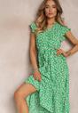 Zielona Asymetryczna Sukienka Midi w Kwiaty z Falbanką Narexis