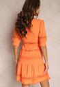 Pomarańczowa Taliowana Sukienka z Zabudowanym Dekoltem i Koronkowymi Wstawkami Locammi