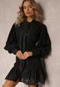 Czarna Rozkloszowana Sukienka Mini z Szerokimi Rękawami i Wiązaniem przy Dekolcie Pesy