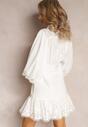 Biała Rozkloszowana Sukienka Mini z Szerokimi Rękawami i Wiązaniem przy Dekolcie Pesy