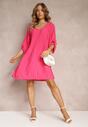 Różowa Plisowana Sukienka Mini z Długimi Rękawami Oversize Ticini