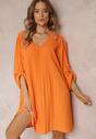 Pomarańczowa Plisowana Sukienka Mini z Długimi Rękawami Oversize Ticini