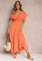 Pomarańczowa Sukienka Rozkloszowana z Trójkątnym Dekoltem Thamefa