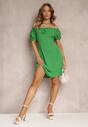 Zielona Rozkloszowana Sukienka Mini z Hiszpańskim Dekoltem i Krótkim Rękawem Misk