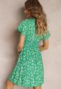 Zielona Wiskozowa Sukienka Mini w Kwiaty z Gumką w Talii i Kopertową Górą Joslena