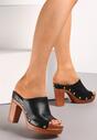 Czarne Klapki Drewniaki na Słupowym Obcasie i Platformie z Nitami Kathlyn