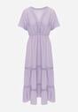 Fioletowa Rozkloszowana Sukienka Maxi z Gumką w Talii i Koronkowym Dekoltem Cheteia