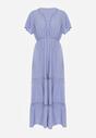 Jasnoniebieska Rozkloszowana Sukienka Maxi z Gumką w Talii i Koronkowym Dekoltem Cheteia