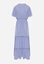 Jasnoniebieska Rozkloszowana Sukienka Maxi z Gumką w Talii i Koronkowym Dekoltem Cheteia