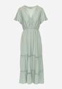 Miętowa Rozkloszowana Sukienka Maxi z Gumką w Talii i Koronkowym Dekoltem Cheteia
