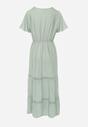 Miętowa Rozkloszowana Sukienka Maxi z Gumką w Talii i Koronkowym Dekoltem Cheteia