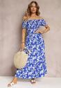 Niebieska Rozkloszowana Sukienka Maxi z Hiszpańskim Dekoltem w Kwiaty Zevana