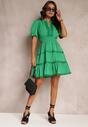 Zielona Sukienka Mini z Gumkami w Talii z Krótkim Rękawem i Koronką Jelina