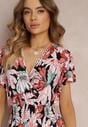 Rochie Neagră-Roșie Cloș Midi cu Imprimeu Floral și Elastic în Talie Athesine