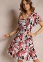 Rochie Neagră-Roșie Cloș Midi cu Imprimeu Floral și Elastic în Talie Athesine
