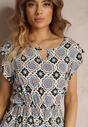 Rochie mini din bumbac albastru-negru cu model mozaic și elastic în talie Fiyona