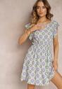 Rochie mini din bumbac verde-violet cu model mozaic și elastic în talie Fiyona