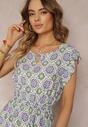 Rochie mini din bumbac verde-violet cu model mozaic și elastic în talie Fiyona