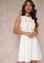 Biała Sukienka Mini Bez Rękawów z Wycięciami i Haftem Lilka