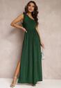 Zielona Brokatowa Sukienka Maxi z Asymetryczną Górą i Rozkloszowanym Dołem Eulita
