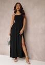 Czarna Rozkloszowana Sukienka Maxi na Cienkich Ramiączkach z Rozporkiem Weslyn