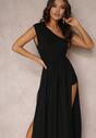 Czarna Brokatowa Sukienka Maxi z Asymetryczną Górą i Rozkloszowanym Dołem Eulita