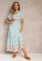 Niebieska Rozkloszowana Sukienka Maxi z Gumkami w Pasie z Bawełny Besie