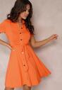 Pomarańczowa Sukienka Mini z Kołnierzem i Krótkim Rękawem Penetine