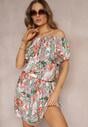 Rochie mini alb-verde din viscoză cu flori cu decolteu spaniol și elastic în talie Selecia