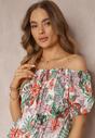 Rochie mini alb-verde din viscoză cu flori cu decolteu spaniol și elastic în talie Selecia