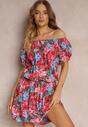 Rochie Mini din Viscoză Roșie cu Imprimeu Floral Decolteu Spaniol și Elastic în Talie Selecia
