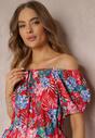 Rochie Mini din Viscoză Roșie cu Imprimeu Floral Decolteu Spaniol și Elastic în Talie Selecia