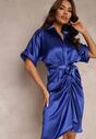 Rochie cambrata bleumarin cu incretituri si cordon in talie Batha