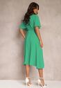 Zielona Sukienka z Gumką w Talii Krótkim Rękawem i Kopertowym Dekoltem Kelila