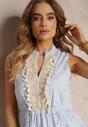 Rochie Albastră cu Elastic în Talie cu Broderie și Paiete Inetake