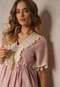 Różowa Sukienka Mini z Gumką w Talii i Ozdobną Taśmą z Cekiniami Ofelifia