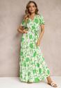 Zielona Sukienka w Kwiaty z Paskiem i Gumką w Talii z Wiskozy Agletina