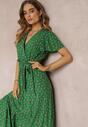 Rochie Verde Lungă cu Imprimeu Floral cu Elastic în Talie și Decolteu Tip Plic Deniva