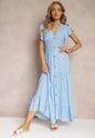 Niebieska Rozkloszowana Sukienka Maxi w Kropki z Gumką w Talii Janey
