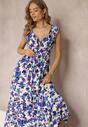 Fioletowo-Niebieska Kopertowa Sukienka Maxi w Kwiaty z Gumką w Pasie z Wiskozy Marielys