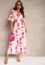 Różowa Kopertowa Sukienka Maxi z Rozkloszowanym Dołem i Wiązaniem Alylina