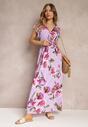 Fioletowa Rozkloszowana Sukienka Maxi z Gumkami w Talii w Kwiaty Mircale