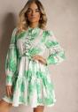 Zielona Rozkloszowana Sukienka Mini z Gumką w Talii i Kokardkami Leenona