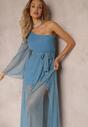 Niebieska Asymetryczna Sukienka Maxi z Gumką i Wiązanym Paskiem w Talii Saminta
